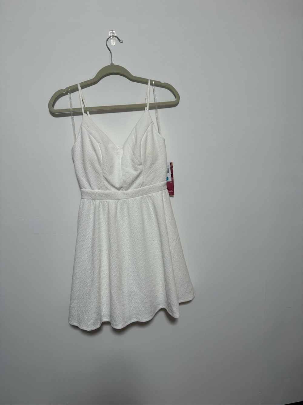 Emerald Sundae White Textured V-Neck Spaghetti-Strap Mini Dress